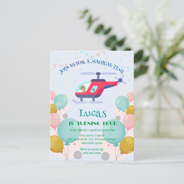 Postal Dinosaurio gracioso Fiesta de cumpleaños de helicó (Anverso de pie)