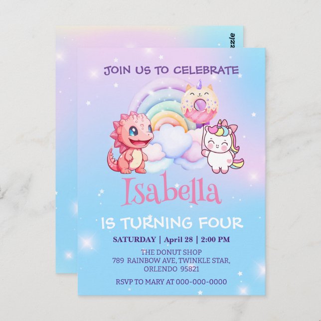 Postal Dinosaurio lindo Unicornio Globo de arcoíris Cumpl (Anverso / Reverso)