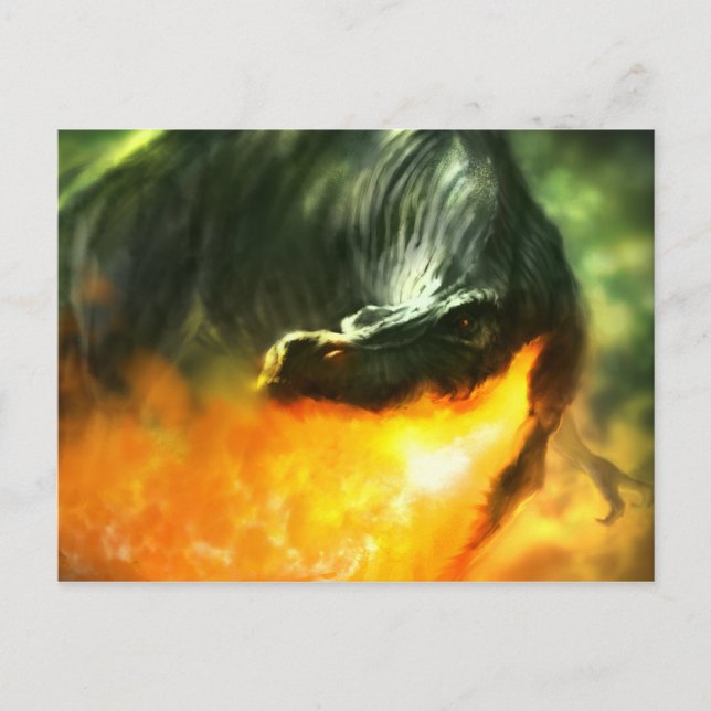 Postal Dinosaurio o dragón que respira el fuego, de Micha (Anverso)