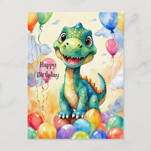 Postal Dinosaurio pequeño y lindo con muchos globos color