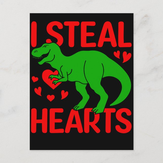 Postal Dinosaurio verde Valentine I Robar corazones (Anverso)
