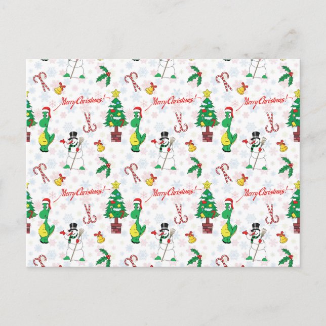 Postal dinosaurios navidades y muñecos de nieve (Anverso)