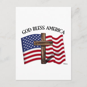 Postal DIOS BENDIGA A AMÉRICA con cruz robusta y bandera 