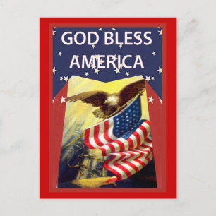 Postal Dios bendiga a Estados Unidos, bandera y águila ca