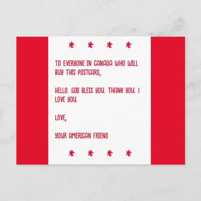 Postal Dios bendiga Canadá. Amor, tu amigo americano. (Anverso)