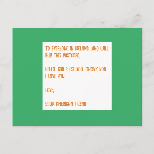 Postal Dios bendiga Irlanda. Amor, tu amigo americano. (Anverso)