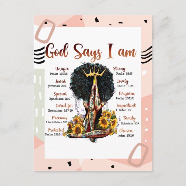 Postal Dios dice que soy mujer cristiana negra Melanin Si (Anverso)