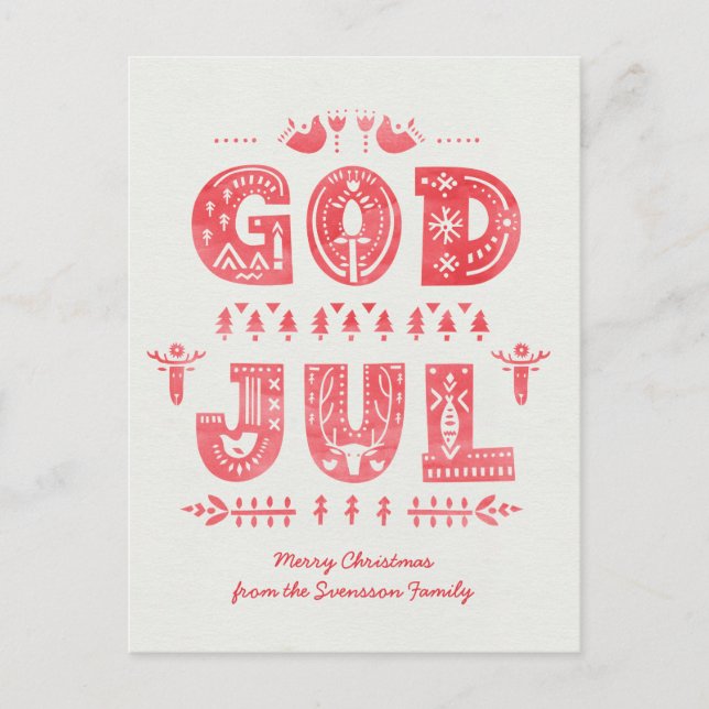 Postal Dios Jul Navidades suecos con escritura de estilo  (Anverso)