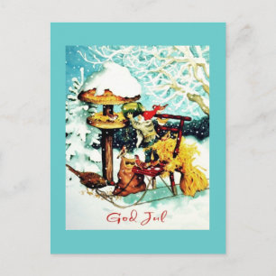 Postal "¡Dios Jul!" Nisse alimenta a las pequeñas aves