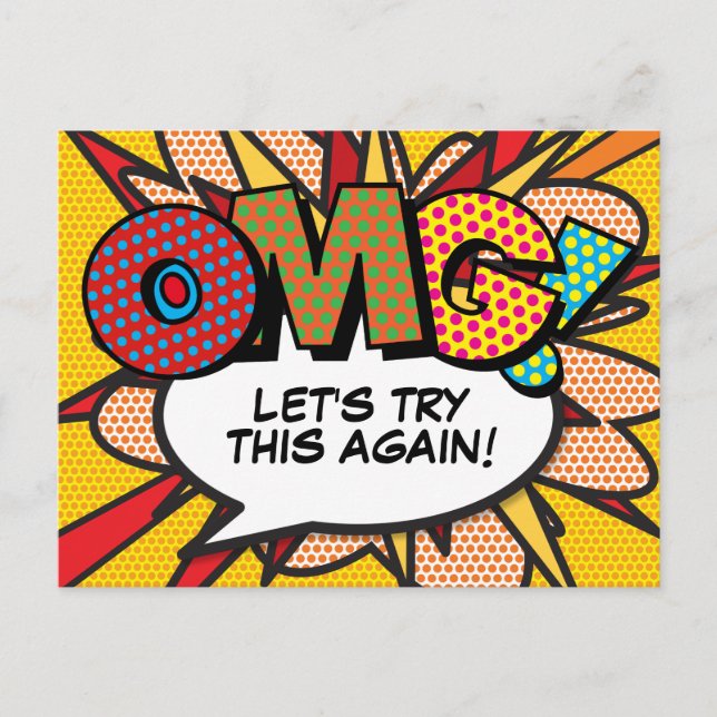 Postal Dios mío Cambio de Fecha Pospuesto Cómic Arte Pop (Anverso)