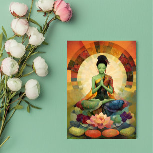 Postal Diosa budista Tara verde pintura floral Zen