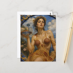 Postal Diosa con un vestido hecho de Espaguetis