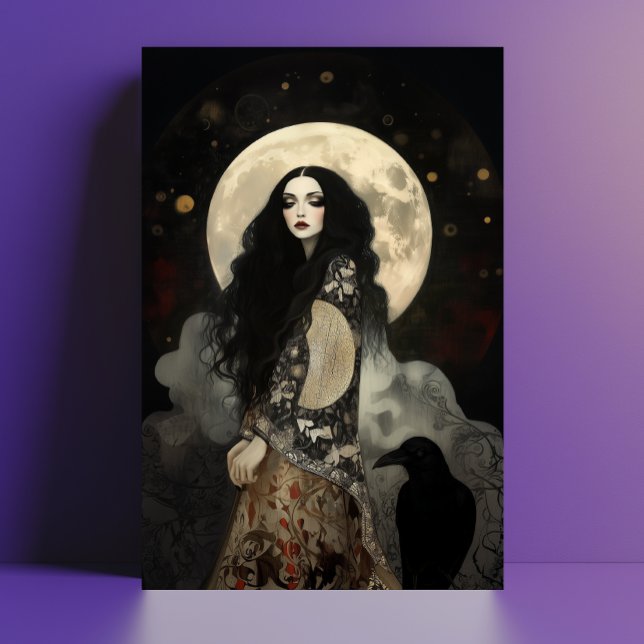 Postal Diosa de Morrigan con Raven Art Nouveau oscuro (Subido por el creador)