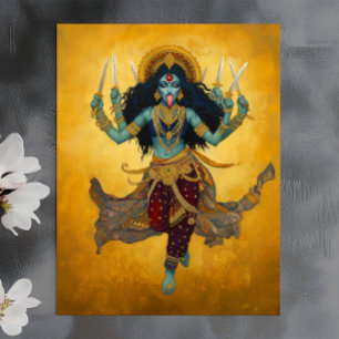 Postal Diosa divina Kali Surreal Arte Dorado Azul Rojo