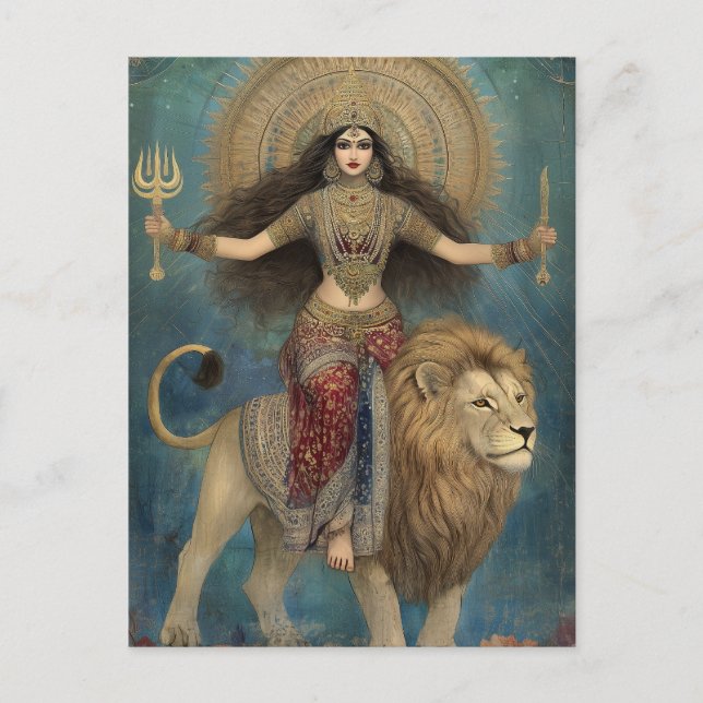 Postal Diosa Durga montando León Arte Turquesa Dorado (Anverso)