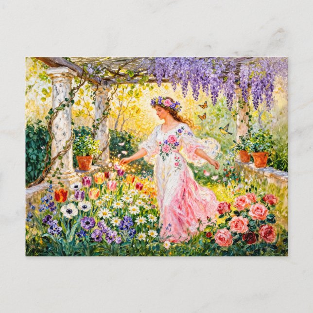 Postal Diosa griega Flora en jardín (Anverso)