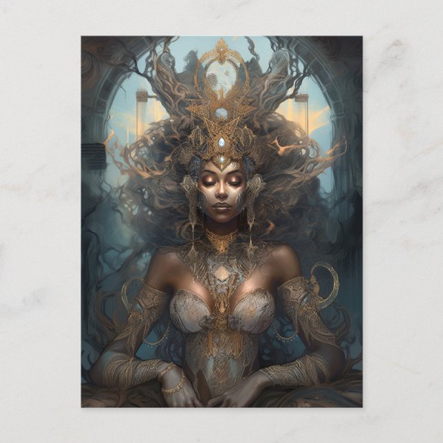 Postal Diosa negra afroamericana reina arte fantastica P (Anverso)