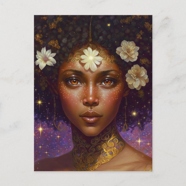 Postal Diosa negra afroamericana reina arte fantastica P (Anverso)