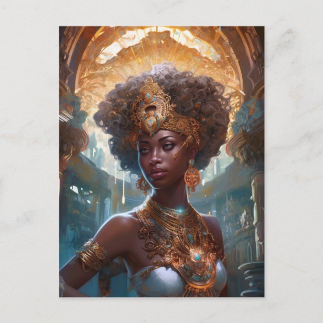 Postal Diosa negra afroamericana reina arte fantastica P (Anverso)