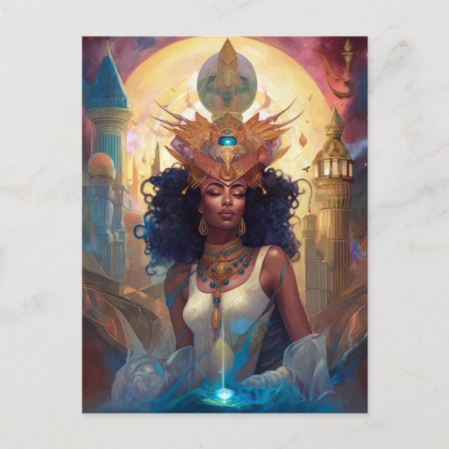 Postal Diosa negra afroamericana reina arte fantastica P (Anverso)