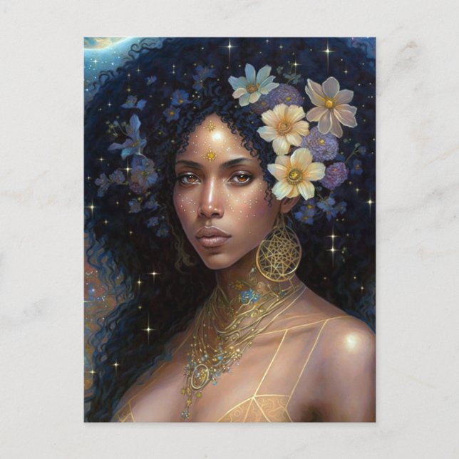 Postal Diosa negra afroamericana reina arte fantastica P (Anverso)