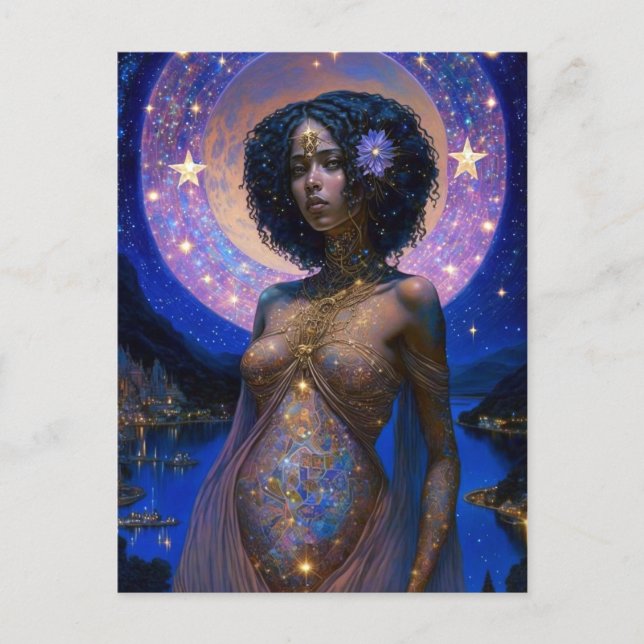 Postal Diosa negra afroamericana reina arte fantastica P (Anverso)