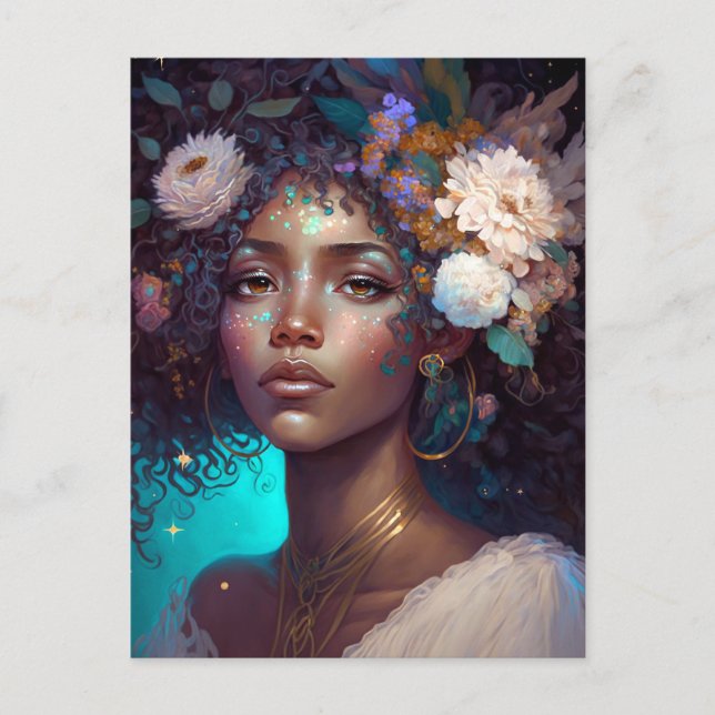 Postal Diosa negra afroamericana reina arte fantastica P (Anverso)