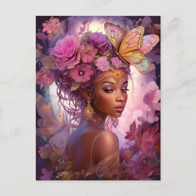 Postal Diosa Negra Arte de fantasía morado rosado (Anverso)