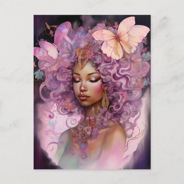 Postal Diosa Negra Arte de fantasía morado rosado (Anverso)