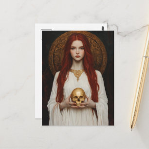 Postal Diosa pelirroja con cráneo dorado