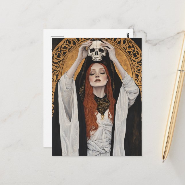 Postal Diosa pelirroja Mujer con una calavera (Anverso/Reverso In Situ)