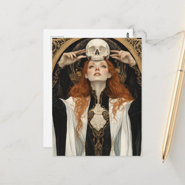 Postal Diosa pelirroja Mujer con una calavera (Anverso/Reverso In Situ)