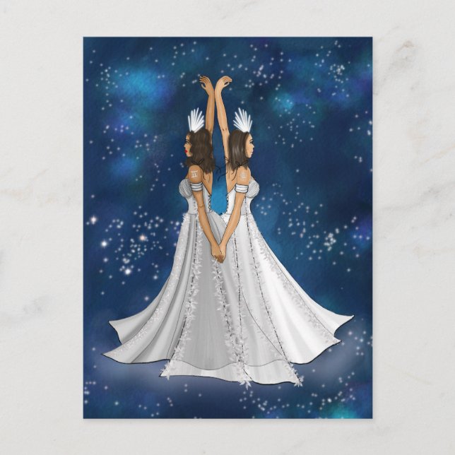 Postal Diosa zodiaca gemini en espacio celeste azul (Anverso)