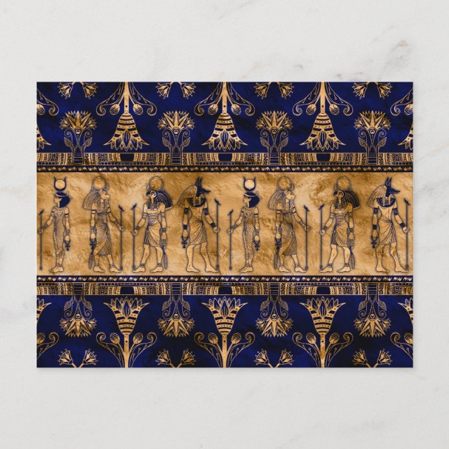 Postal Dioses egipcios y frontera ornamental -oro azul (Anverso)