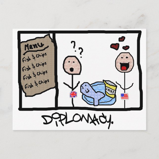 Postal Diplomacia: Peces y patatas (Anverso)