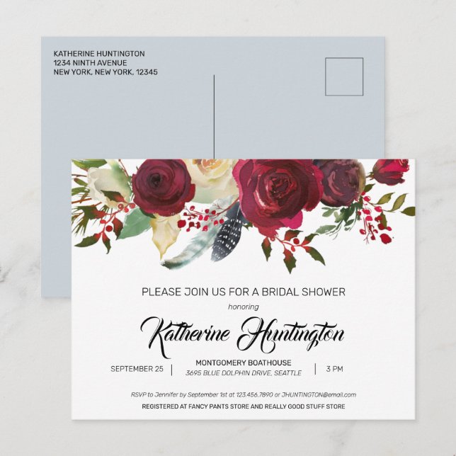 Postal Dirección de retorno preimpresa de la flor borgoño (Anverso / Reverso)