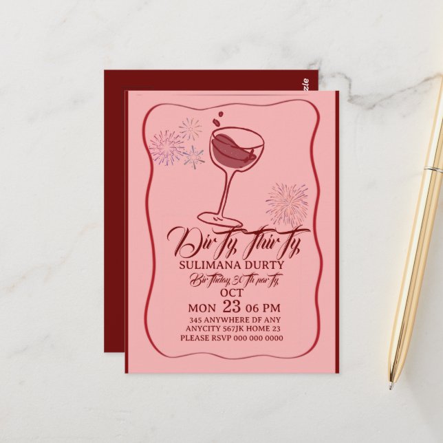 Postal Dirty thirty birthday invitation template, cherry  (Anverso/Reverso In Situ)