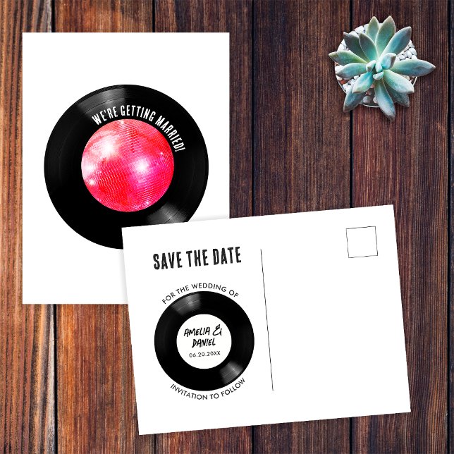 Postal Disco Ball Rosa de Vinilo Retro Reserva la Fecha (Front/Back)