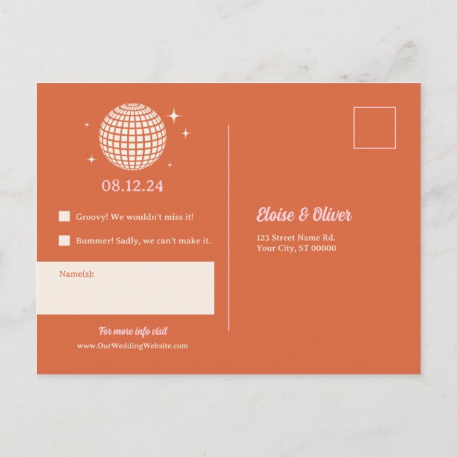 Postal Disco de los años 70 Esparkles Boda retro moderno  (Reverso)