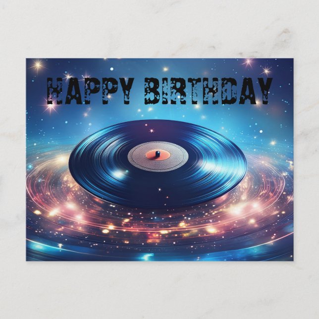Postal Disco de vinilo antiguo con estrellas Feliz Cumple (Anverso)