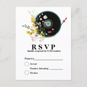 Postal Disco de vinilo, música antigua rústica, flores, a