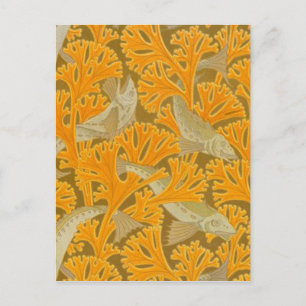 Postal Diseño Art Decó de pescado y coral amarillo