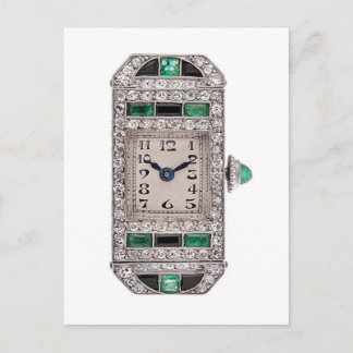 Postal Diseño Art Deco Watch Diamonds Emeralds