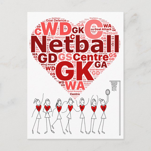 Postal Diseño cardíaco de posiciones de Netball Typograph (Anverso)