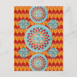 Postal Diseño Chevron Naranja de Flores verde azuladas