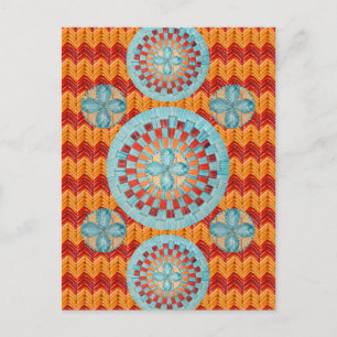 Postal Diseño Chevron Naranja de Flores verde azuladas