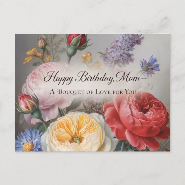 Postal Diseño Clásico de Cumpleaños para Mamá con Ramo (Anverso)