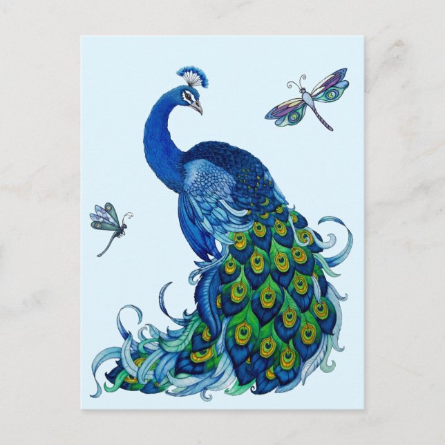 Postal Diseño clásico de pavo real y libélula (Anverso)