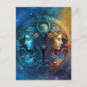 Postal Diseño de Acuarela del Signo Zodiacal Géminis