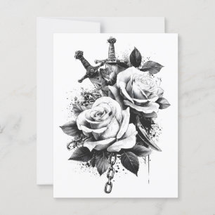 Postal Diseño de arte de tatuaje blanco y negro de alto c